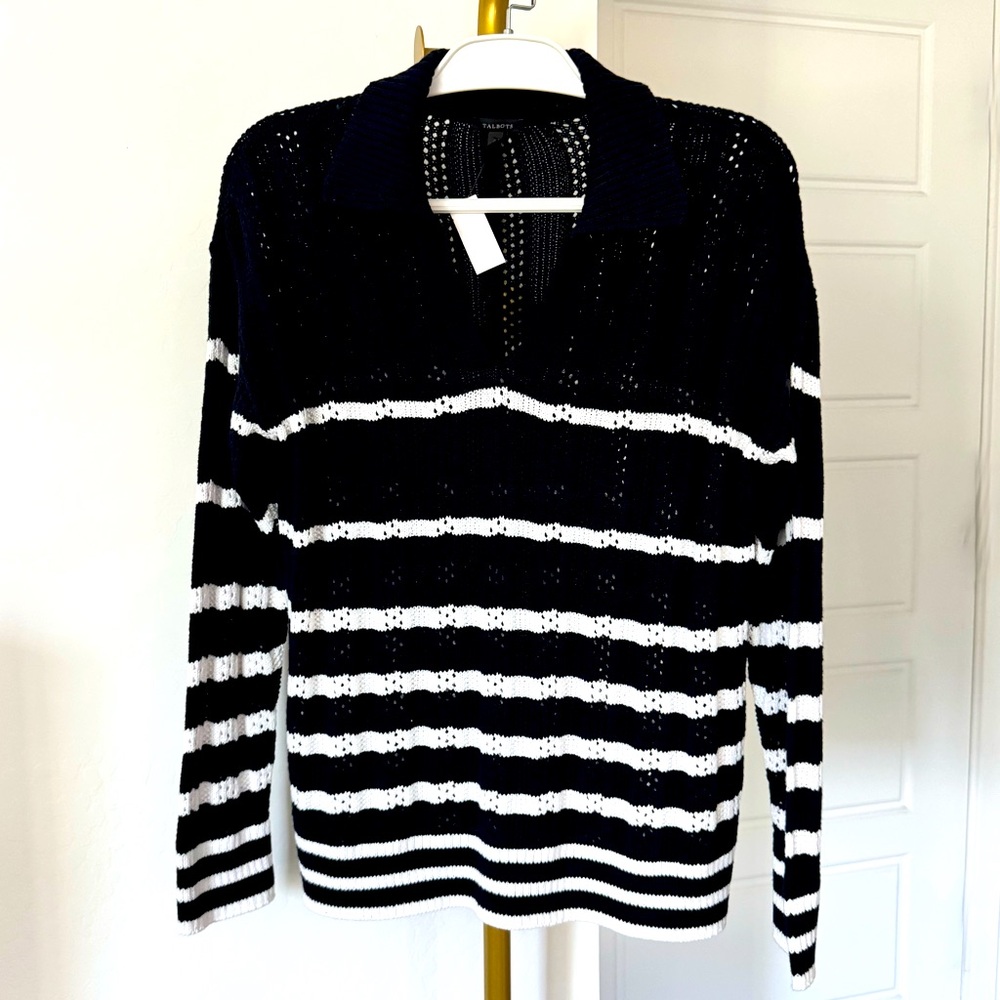 Women's Blue White Nautical Open Knit V Neck Long Sleeve Top M Nautical Preppy